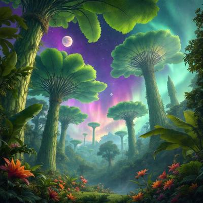 The primary subject of the image is a forest filled with trees and flowers. The setting is a lush, green environment with a purple sky, creating a serene and magical atmosphere. The visual style is a digital art or illustration, showcasing the artist's creativity and attention to detail. The colors and mood of the image are predominantly purple and green, evoking a sense of tranquility and wonder.